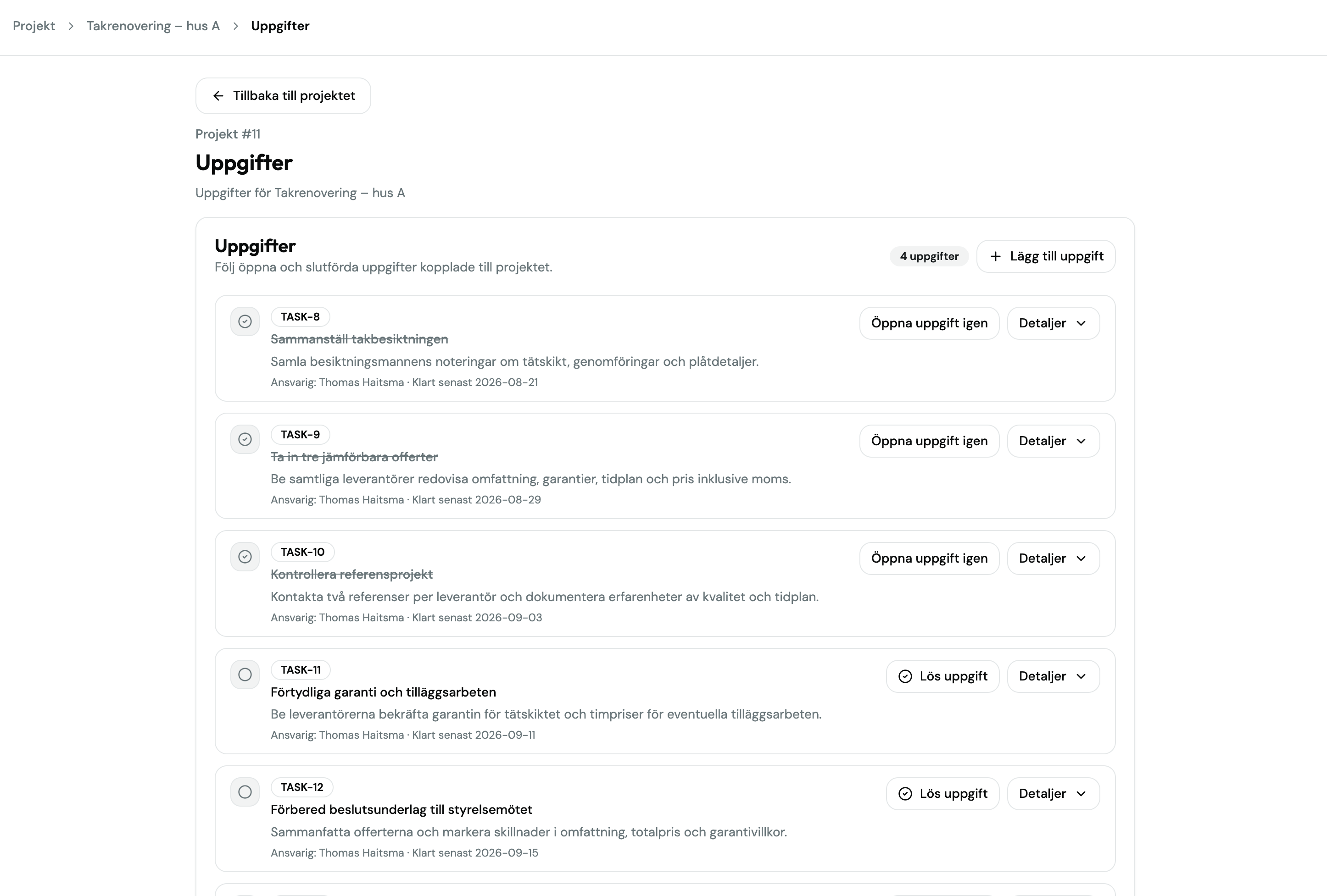 Uppgifter för takrenoveringen med avklarad besiktning och referenskontroll samt öppna uppgifter om garantier och beslutsunderlag.